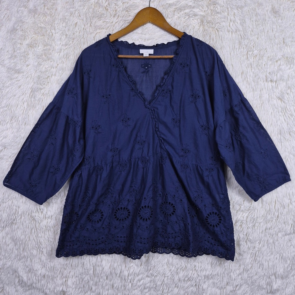 J. Jill Navy Blue Eyelet Embroidered V-Neck Ruffle Blouse Large Cotton Boho
